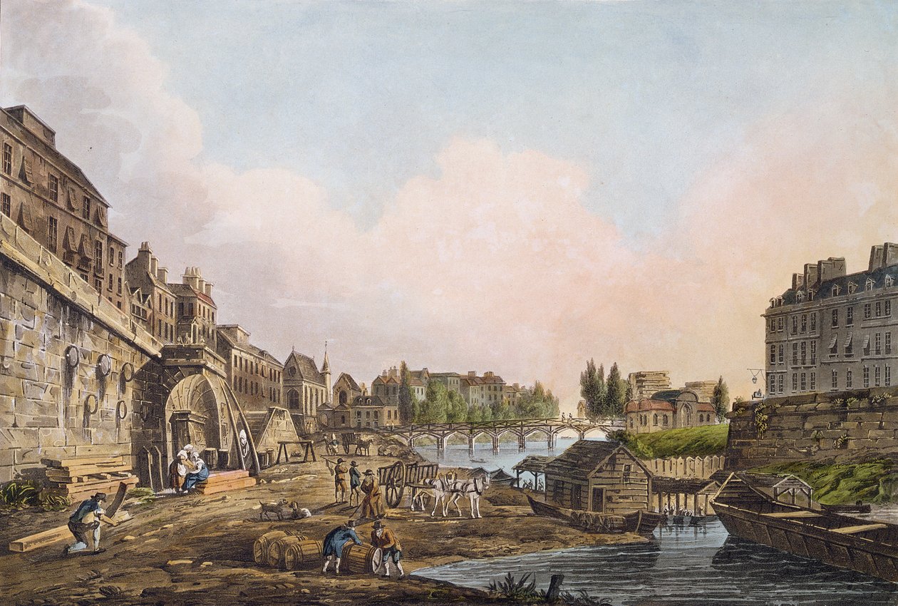 Widok na Sekwanę spod łuku Pont Notre-Dame, 1805 (kolorowa akwatinta) autorstwa John Claude Nattes