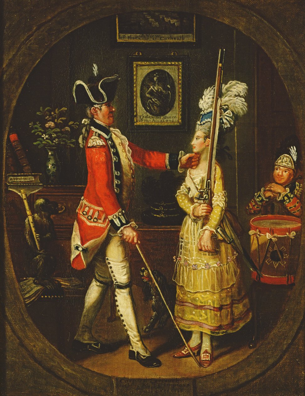 „Korporalny kartusz uczący pannę Camp – kochaj jej ćwiczenia manualne”, 1778 r. autorstwa John Collet