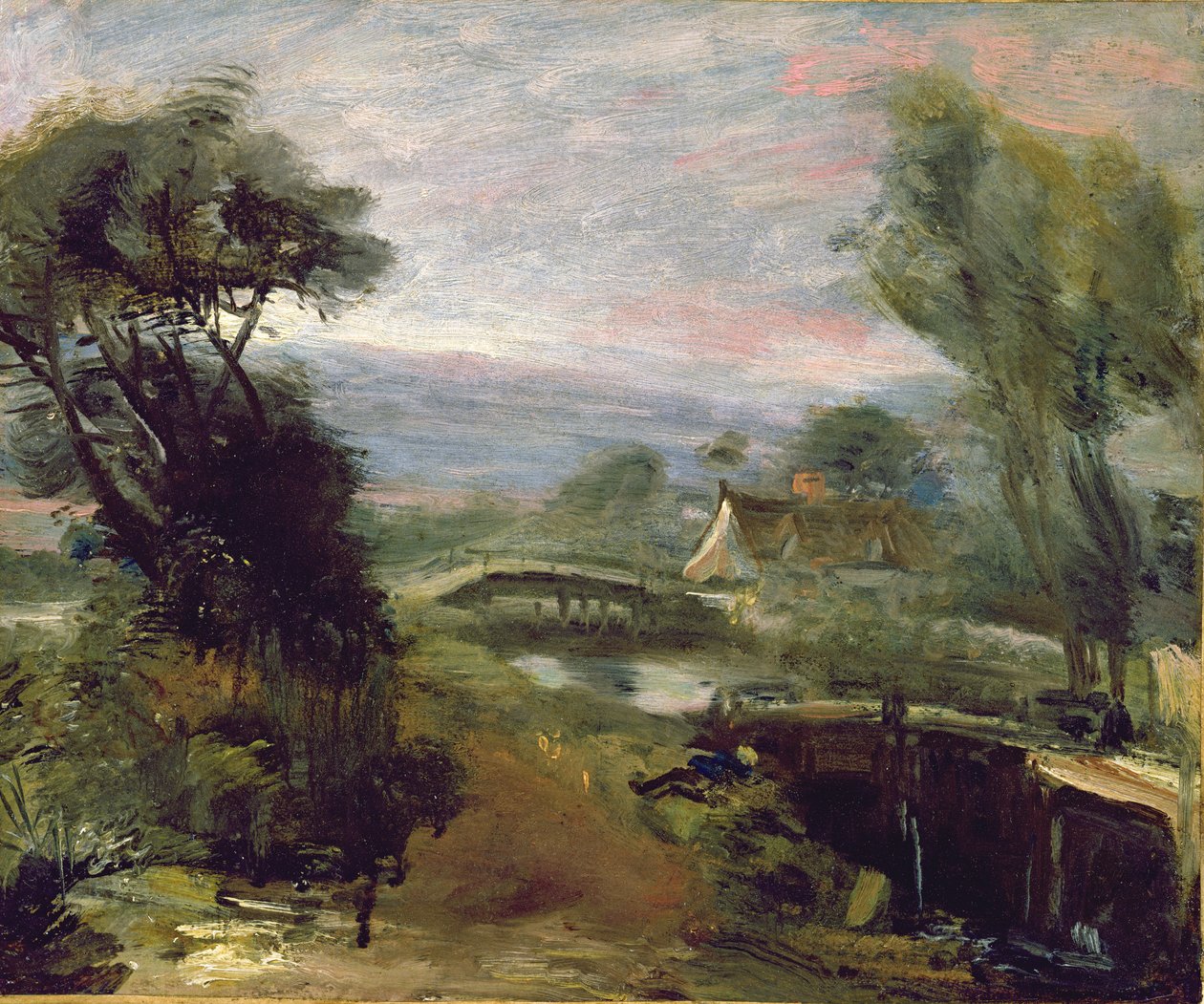 Widok w pobliżu Flatford Mill (olej na papierze położony na płótnie) autorstwa John Constable