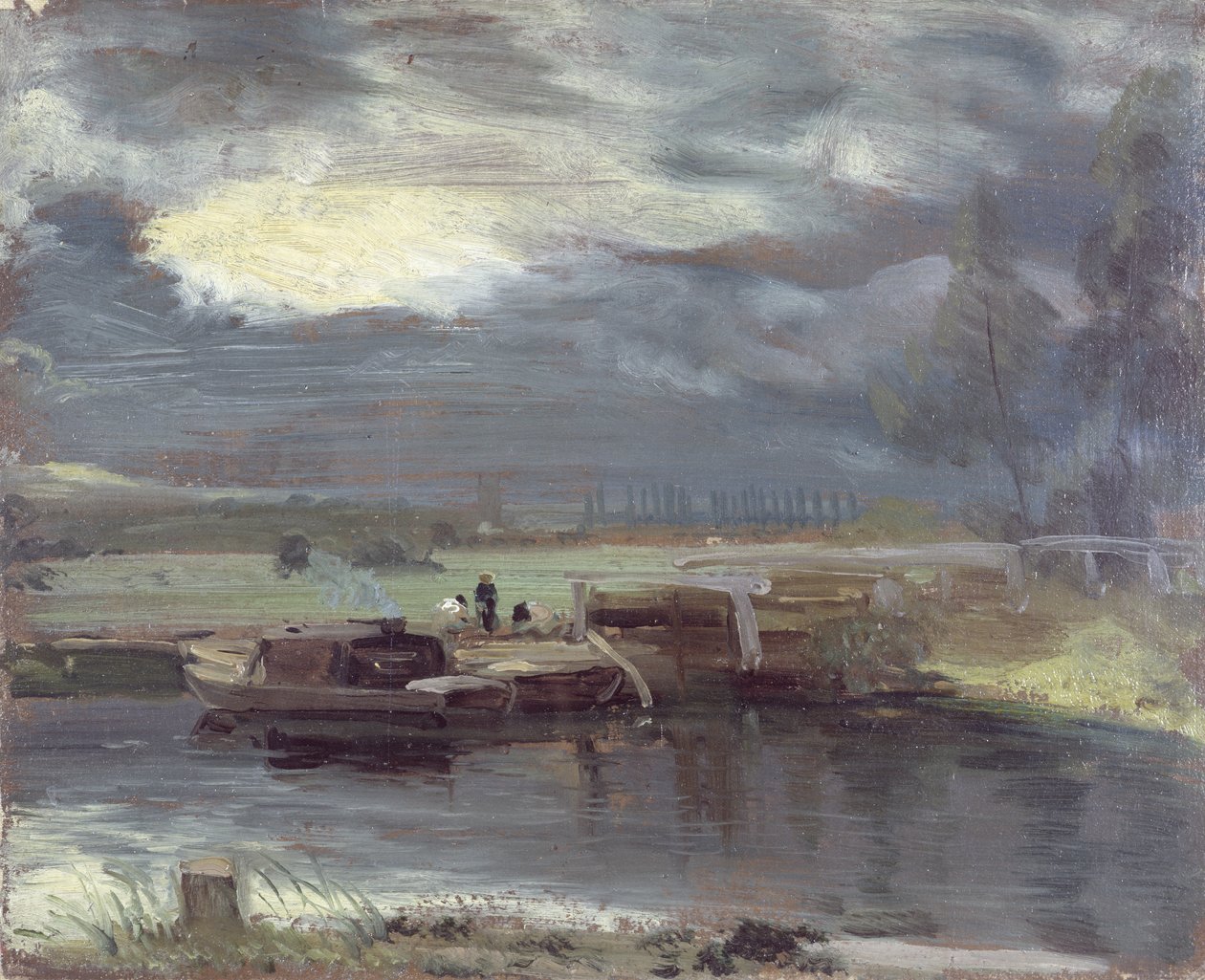 Barki na rzece Stour z kościołem Dedham w oddali, 1811 (olej na papierze położony na płótnie) autorstwa John Constable
