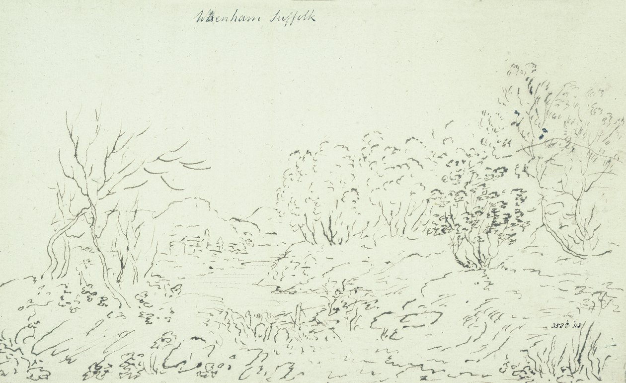 Krajobraz ze strumieniem w Wenham, 1796 (pióro i atrament) autorstwa John Constable