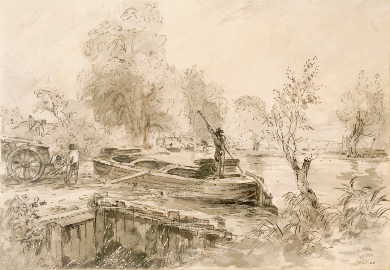 Mężczyźni ładujący barkę na Stour, 1827 (ołówek, długopis i szare pranie na papierze) autorstwa John Constable