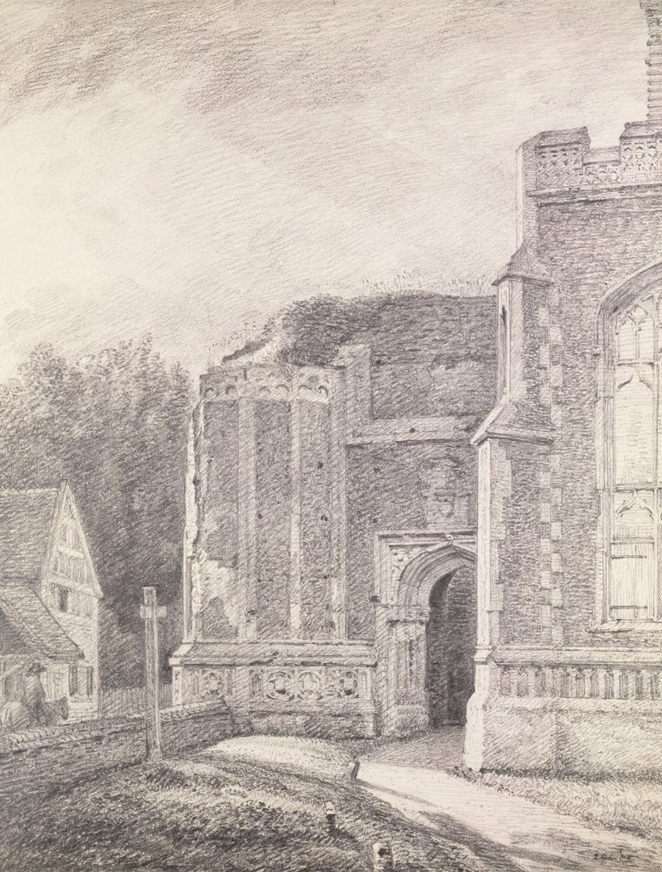 Brama południowa zrujnowanej wieży kościoła East Bergholt (rysunek ołówkiem) autorstwa John Constable