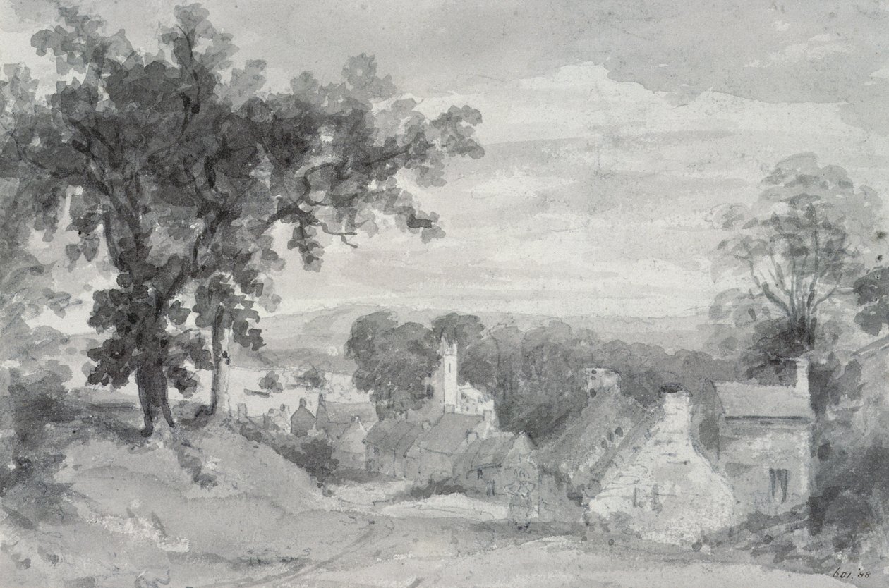 Wejście do wioski Edensor Wejście do wioski Edensor, 1801 (ołówek i sepia) autorstwa John Constable