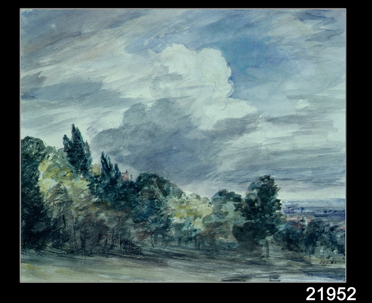Widok na rozległy krajobraz z drzewami na pierwszym planie, wrzesień 1832 (akwarela na papierze) autorstwa John Constable