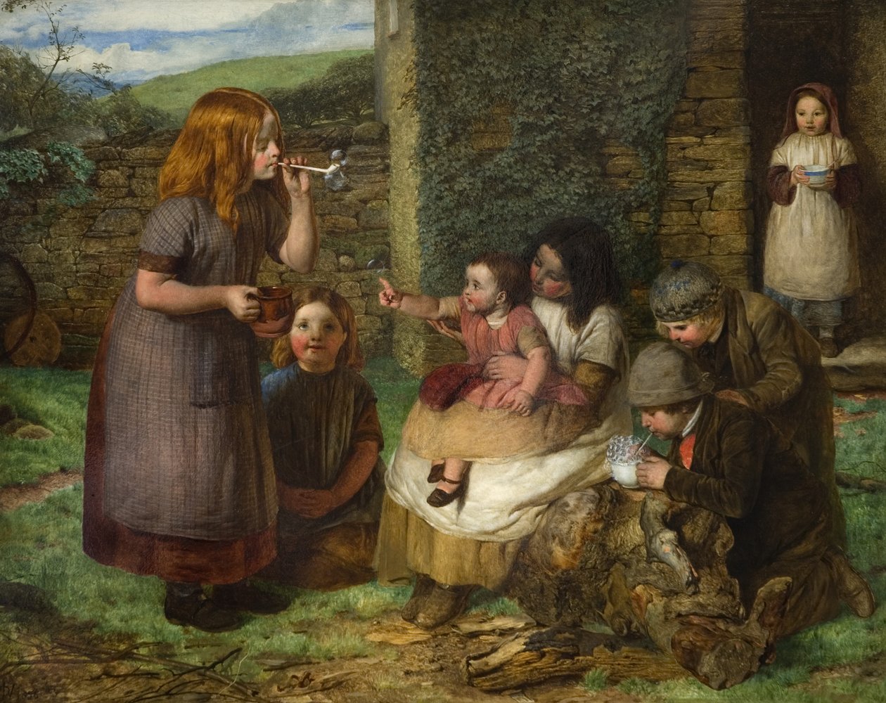 Bąbelki: Scena w domku z dziećmi bawiącymi się, 1856 autorstwa John Dawson Watson