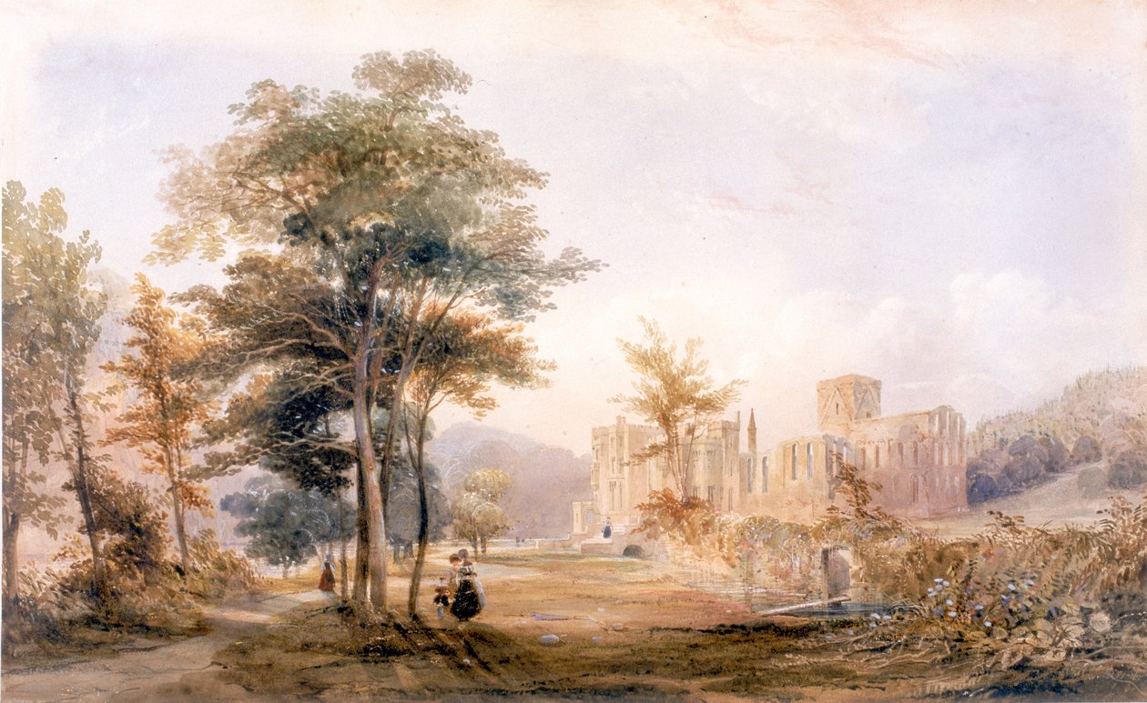 Brinkburn Grange, Northumberland i Ruins of Priory (bc, atrament, ołówek i wc na papierze, wklejone na kartonie) autorstwa John Dobson