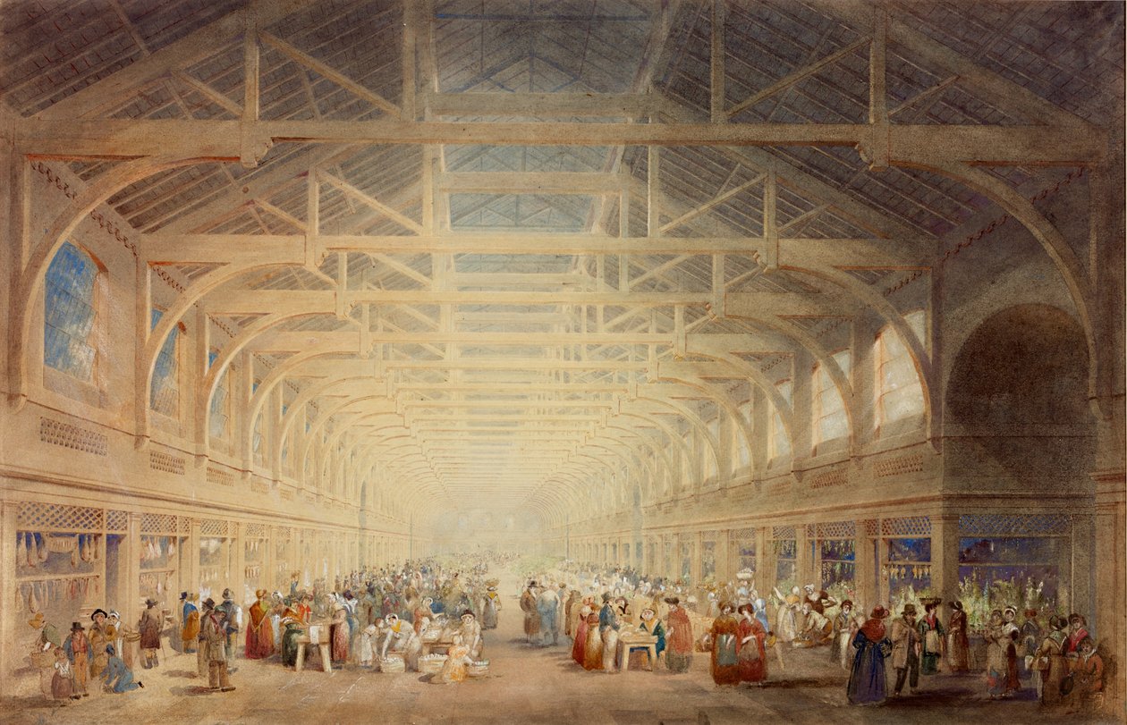 The Green Market, Newcastle upon Tyne (bc, kreda, atrament, ołówek i wc na papierze) autorstwa John Dobson
