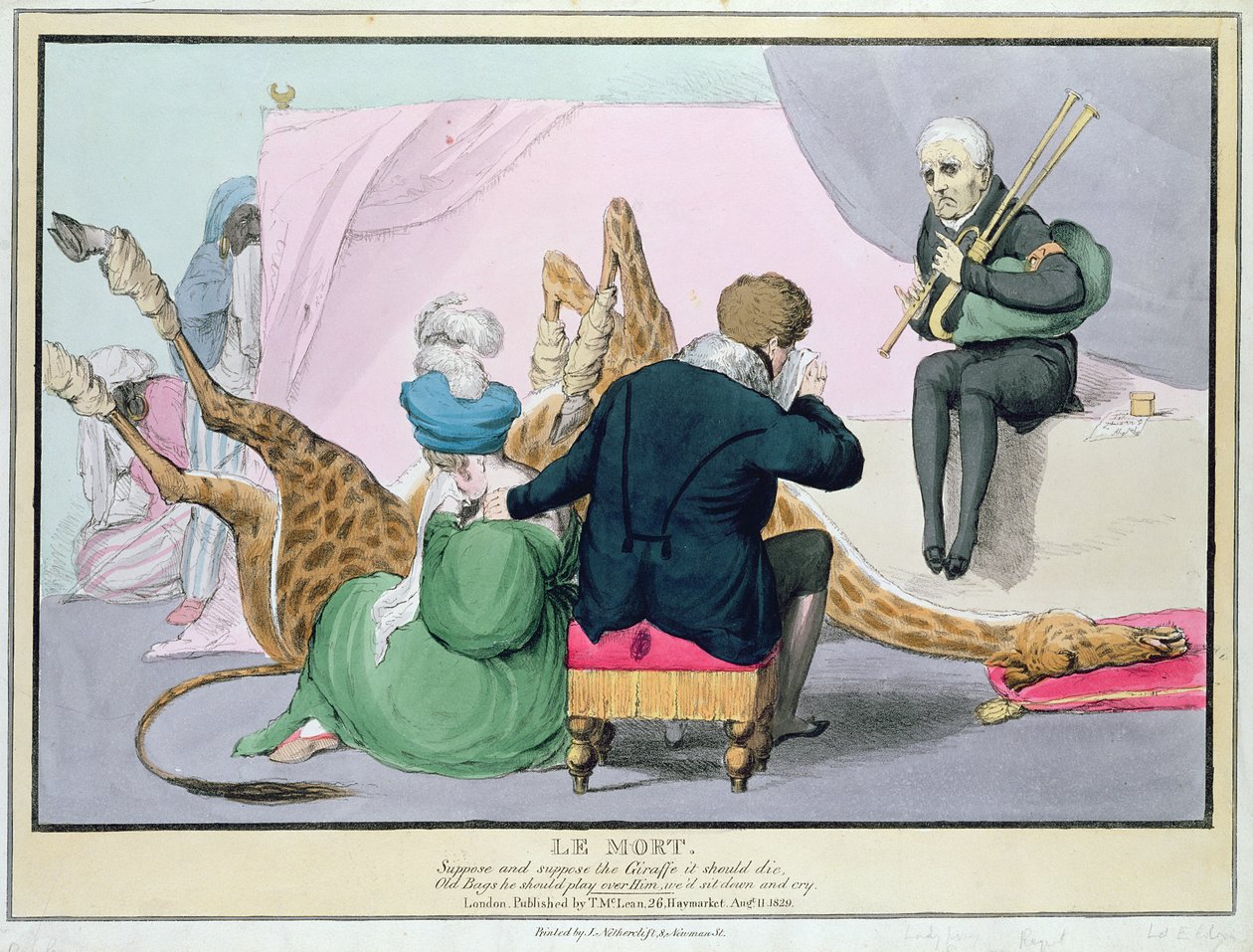 „Le Mort”, George IV (1762-1830), karykatura króla opłakującego śmierć żyrafy w londyńskim zoo, wydrukowana przez J. Netherclift i wyd. McLean, 1829, Londyn, (ręcznie barwiony grawerunek) autorstwa John Doyle