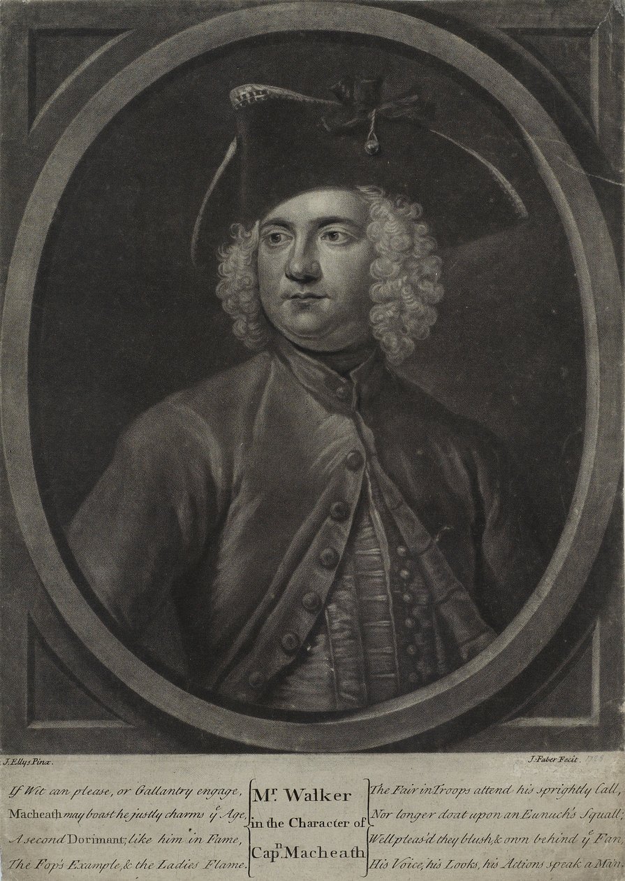 Pan Walker w postaci kapitana Macheatha, grawerowany przez Johna Fabera Młodszego (ok. 1695-1756), 1728 (mezzotinta) autorstwa John Ellys