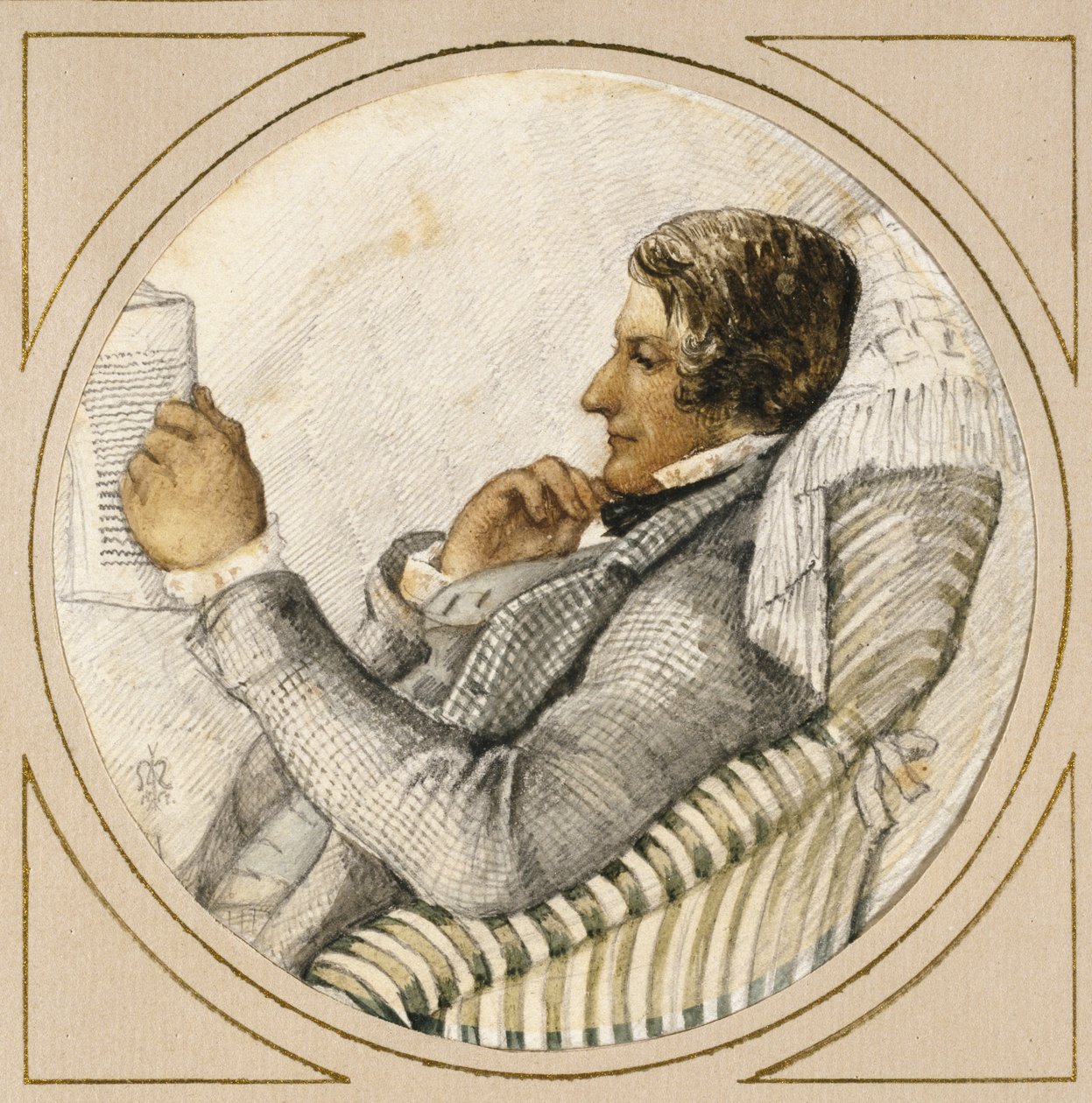 Portret Forda Madoxa Browna (akwarela na graficie z długopisem i niebieskim tuszem na papierze w kolorze złamanej bieli) autorstwa John Everett Millais