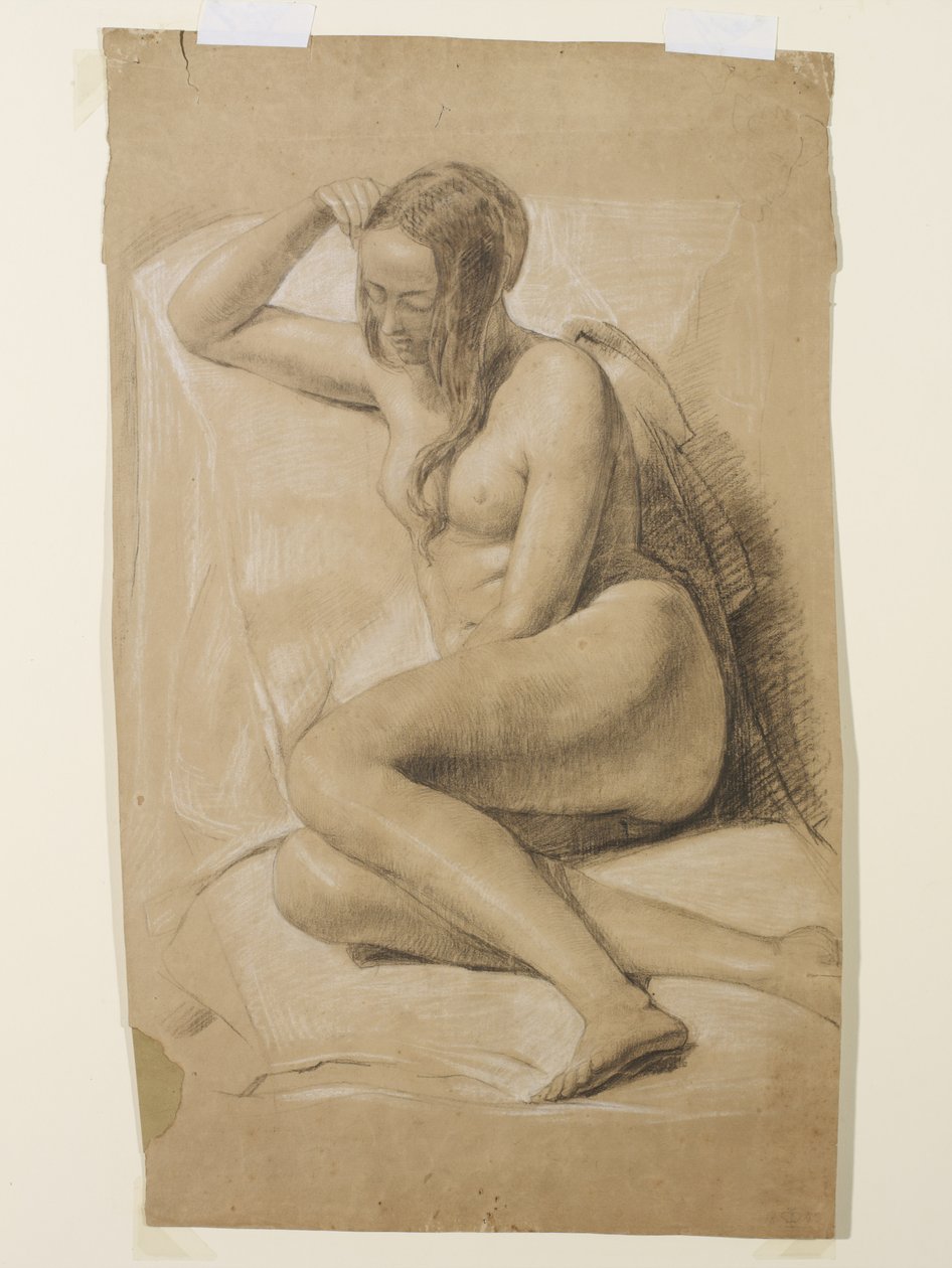 Akt kobiecy w pozycji siedzącej, 1847 (czarna i biała kreda na brązowym papierze) autorstwa John Everett Millais