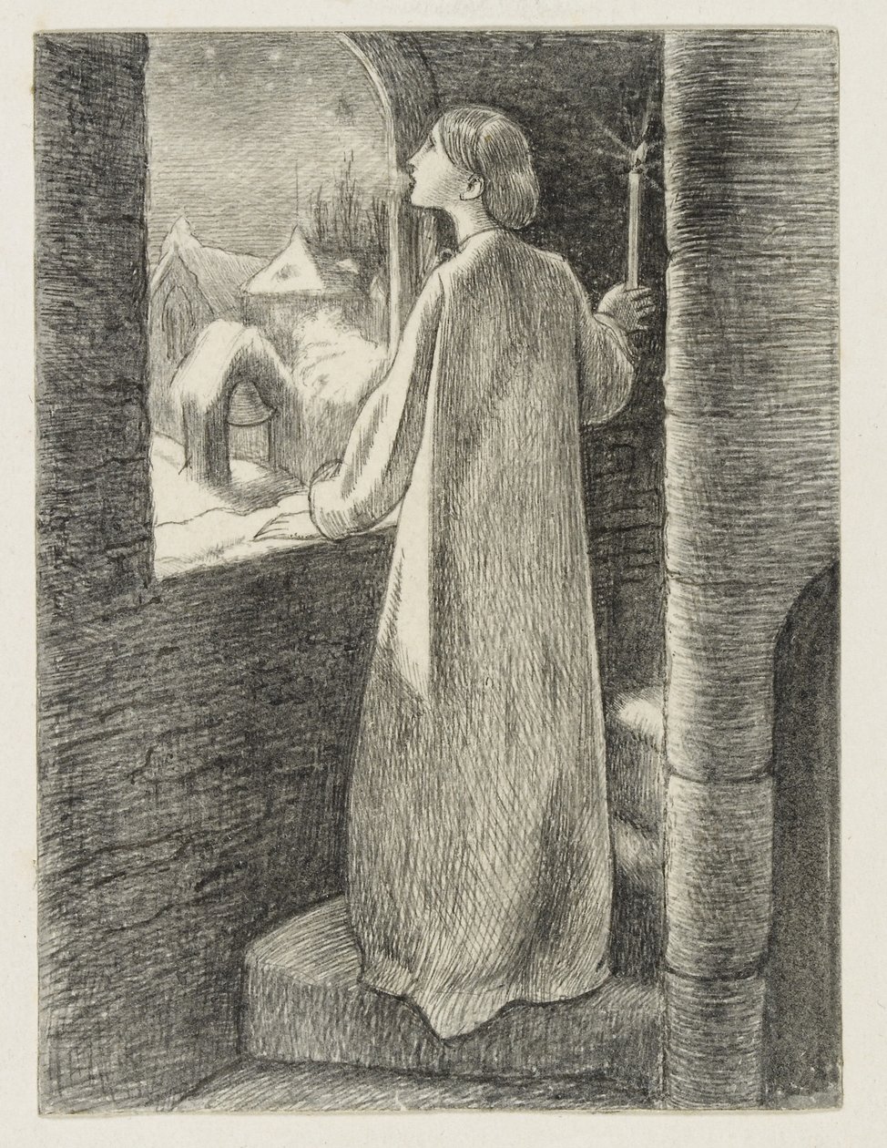 St Agnes Eve (pióro i czarny tusz) autorstwa John Everett Millais