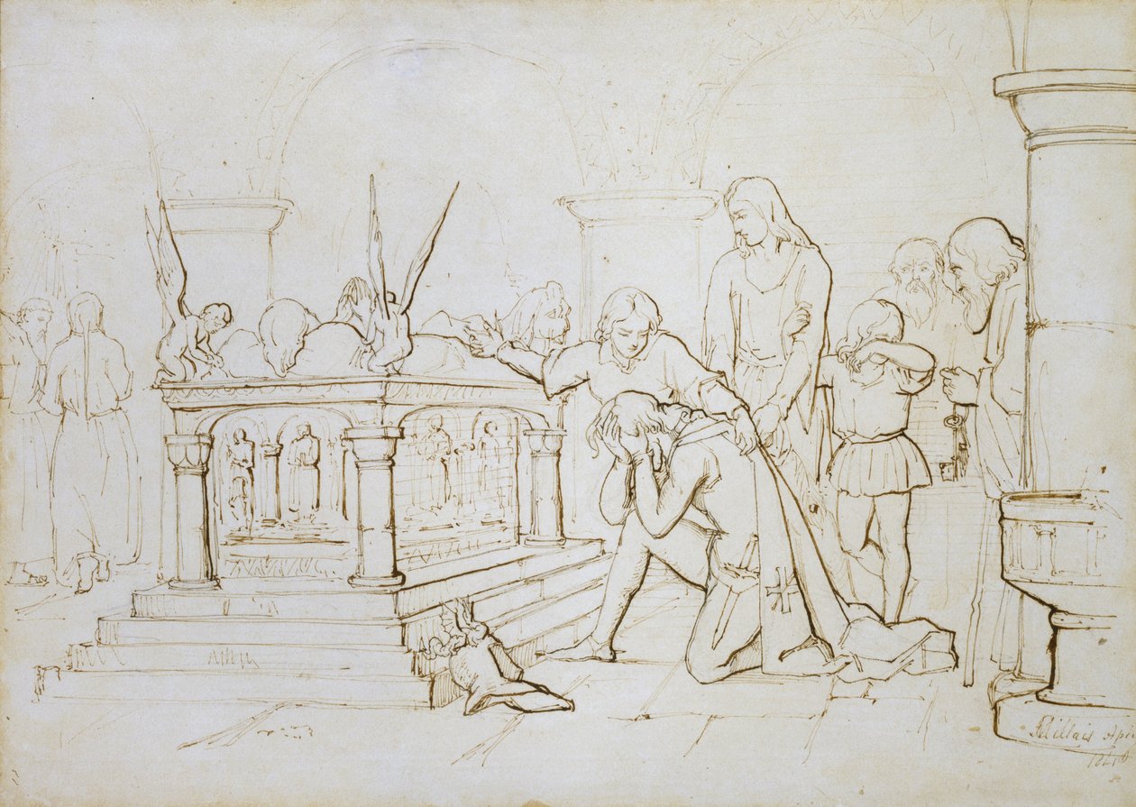 Powrót krzyżowców, 1840 (Pióro i brązowy atrament na papierze o złamanej bieli) autorstwa John Everett Millais