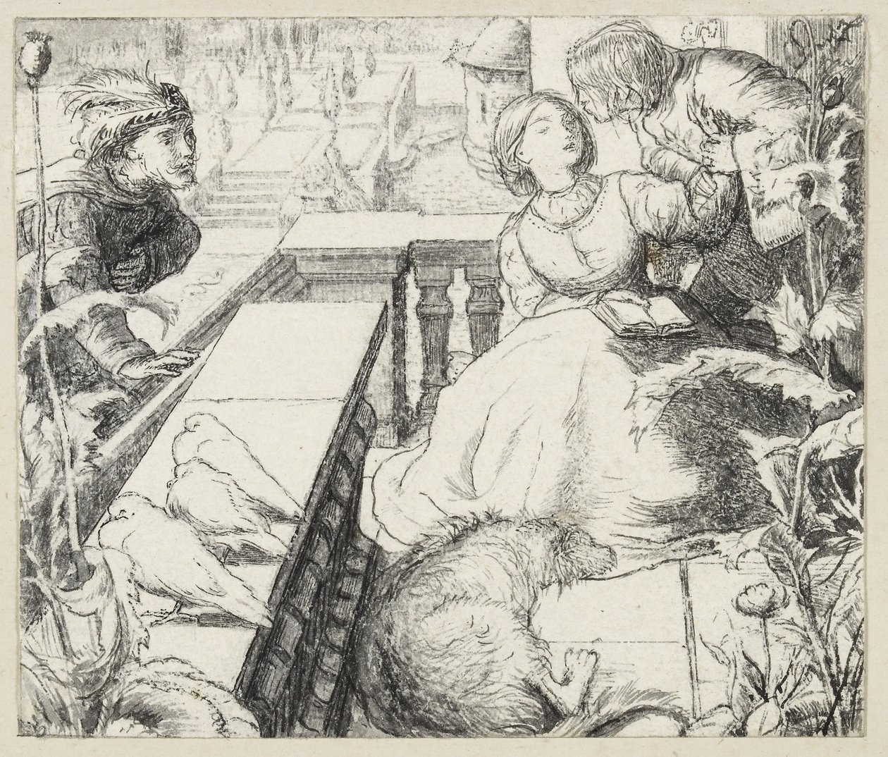 Śpiący Pałac (pióro i czarny tusz) autorstwa John Everett Millais