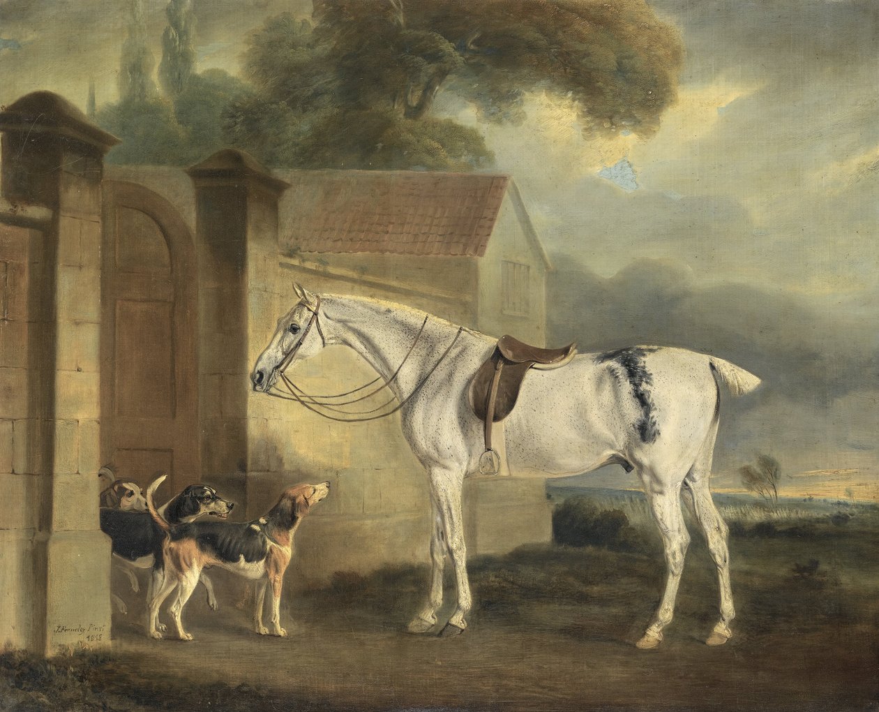 Lord Lonsdales Fleabitten Szary Łowca, Mosiądz, w Cottesmore z Cottesmore Hounds autorstwa John Ferneley