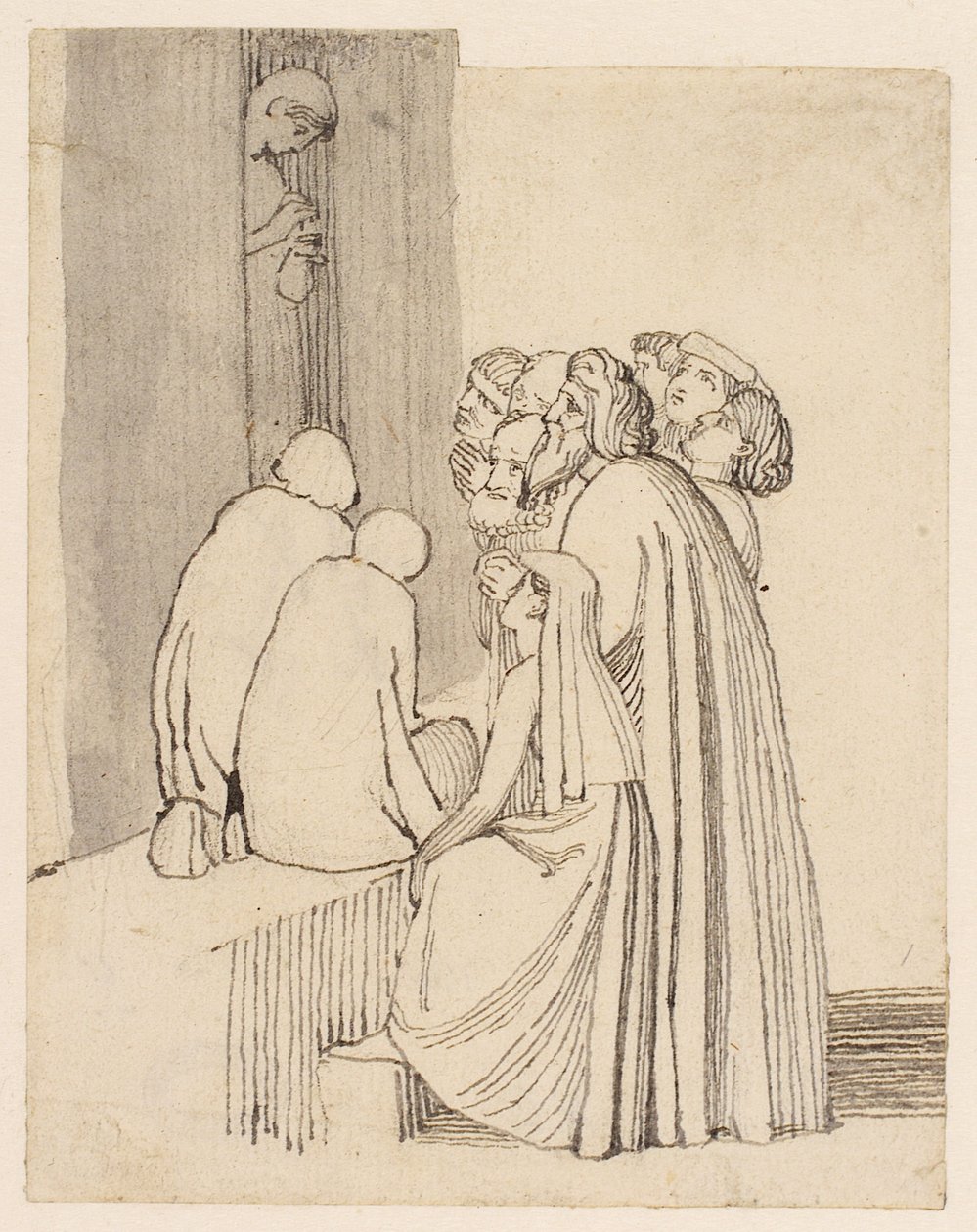 Rodzina żebraków wokół drzwi (ołówek, długopis, atrament i pranie na papierze) autorstwa John Flaxman