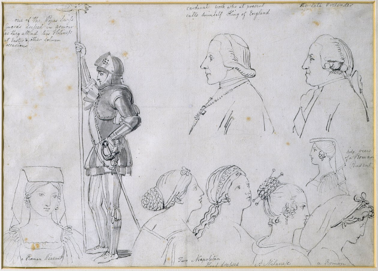 Szkice postaci w Rzymie z portretami księcia Karola Edwarda Stuarta (1720-88) i jego brata kardynała Yorka (1725-1807) (pióro i atrament na papierze) autorstwa John Flaxman