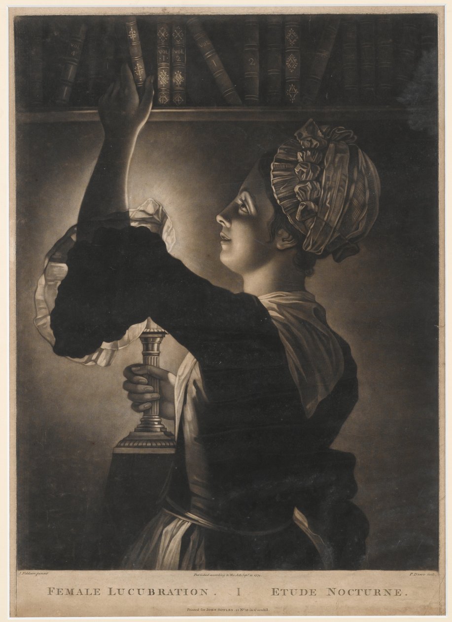 Lukubracja żeńska, grafika Philipa Dawe, 1772 (mezzotinta) autorstwa John Foldson