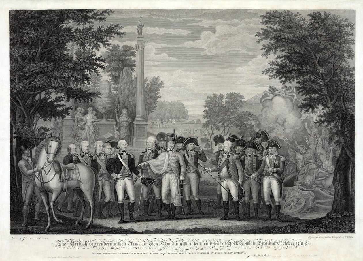 Brytyjczycy oddają broń generałowi Waszyngtonowi po klęsce pod York Town w Wirginii w październiku 1781, wyd. 1819 (grawerowanie bw) autorstwa John Francis Renault