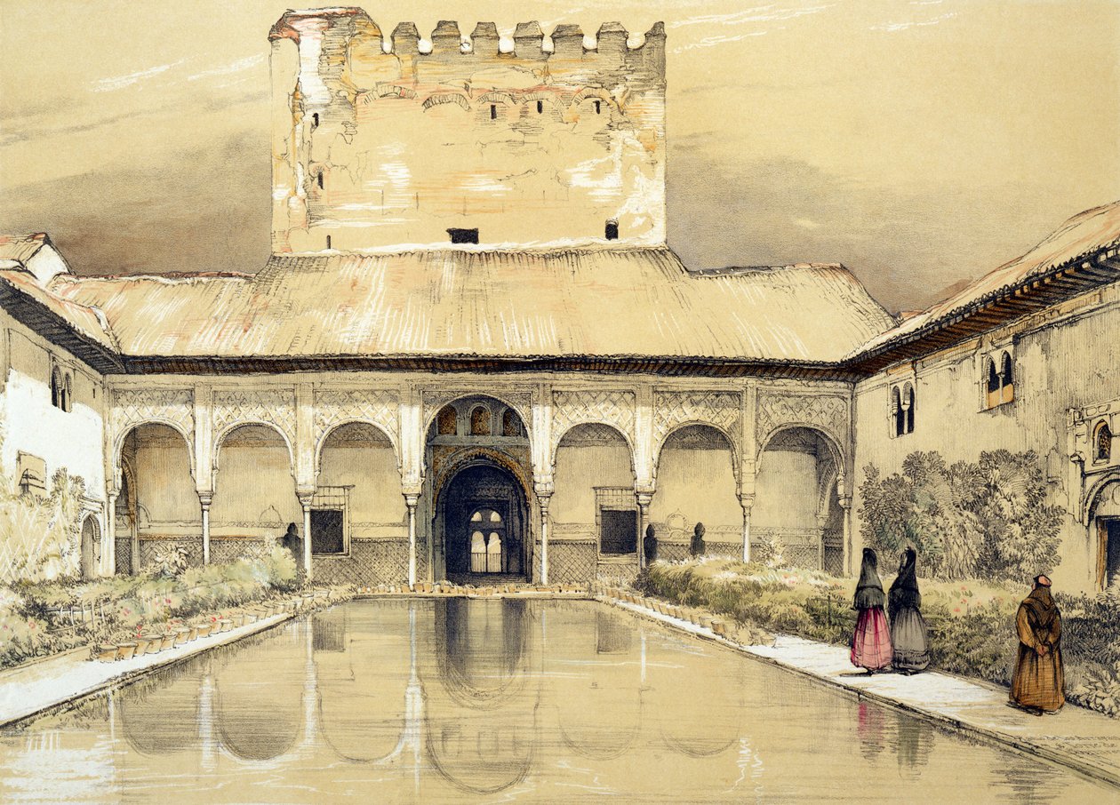 Dziedziniec Mirtów (Patio de los Arrayanes) i Wieża Comares, ze "Szkiców i rysunków Alhambry", wyryte przez Williama Gauci (fl.1825-54), 1835 autorstwa John Frederick Lewis