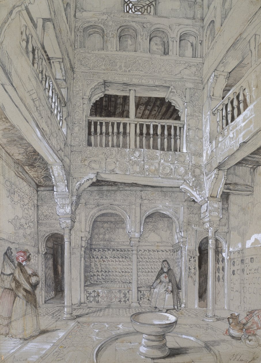 Wejście do Łazienek w Alhambrze (grafitowo-biały kolor nadwozia z krótkimi akcentami akwareli na szarym papierze) autorstwa John Frederick Lewis