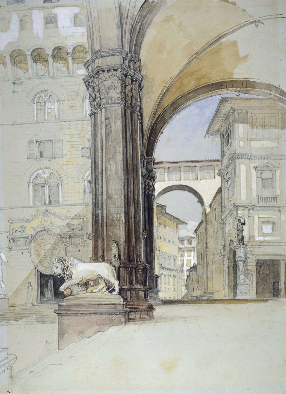 Florencja: Palazzo Vecchio i Uffizi (akwarela na czarnej kredzie z długopisem i brązowym tuszem na jasnozielonym papierze) autorstwa John Frederick Lewis