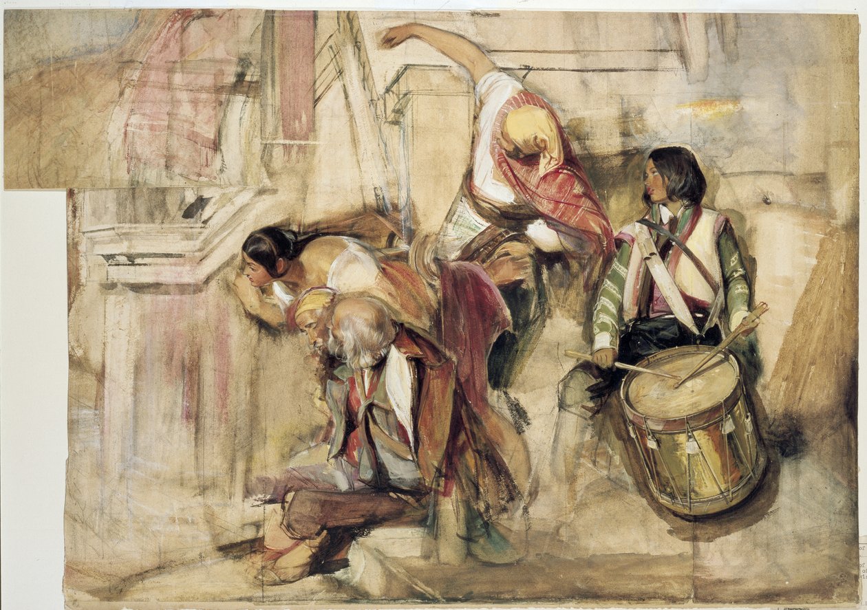 Studium do Proklamacji Don Carlos (akwarela i farba do ciała na graficie, na papierze z dodanymi dwoma kartkami) autorstwa John Frederick Lewis