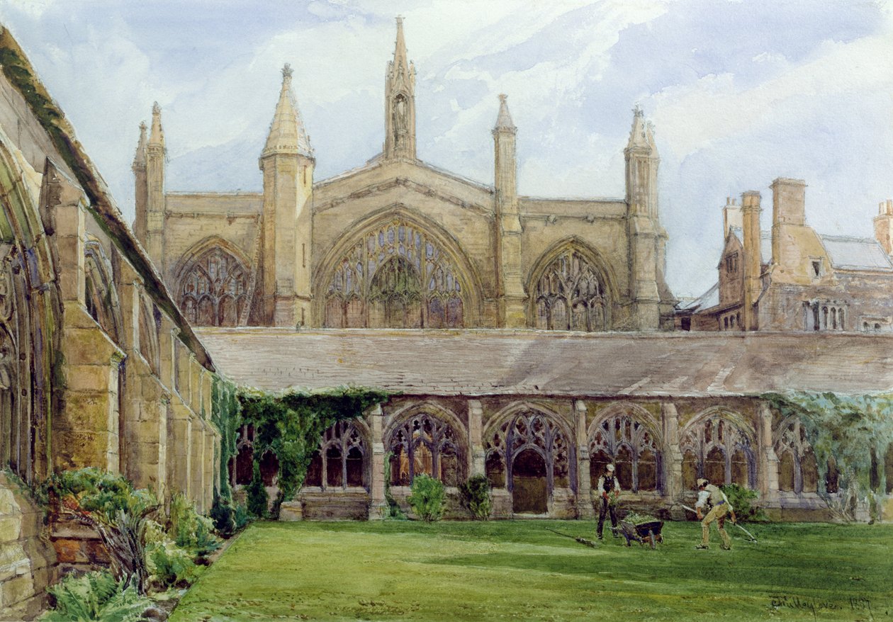 Krużganki New College z ogrodnikiem, 1887 (ołówek i wc na papierze) autorstwa John Fulleylove