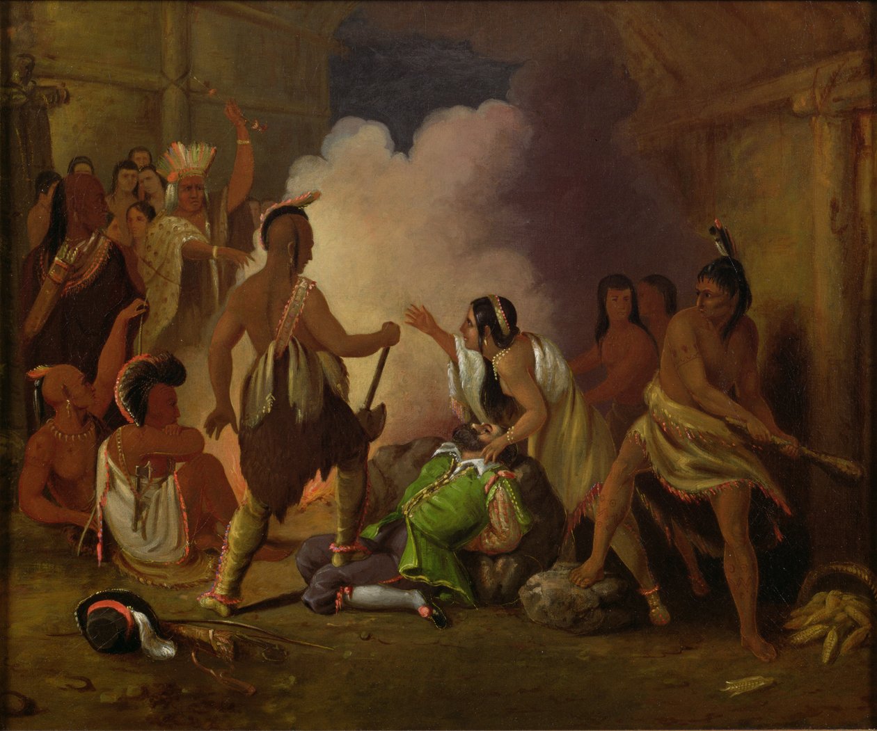 Pocahontas ratująca życie kapitanowi Johnowi Smithowi, ok. 1836-40 r. autorstwa John Gadsby Chapman