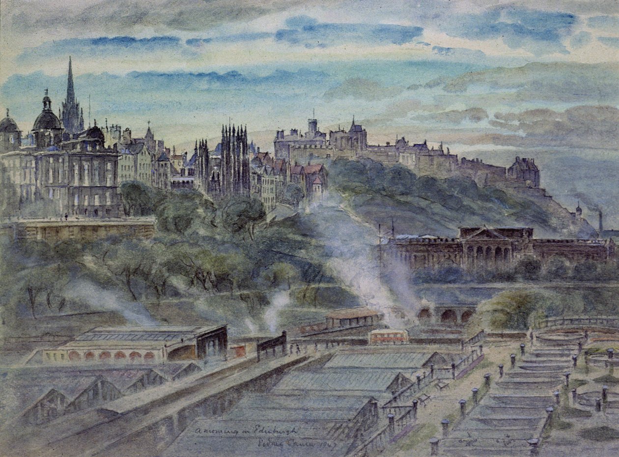 Edynburg z okolic kaplicy św. Antoniego na północno-zachodnim ramieniu Tronu Artura, XIX w. (akwarela) autorstwa John Gendall