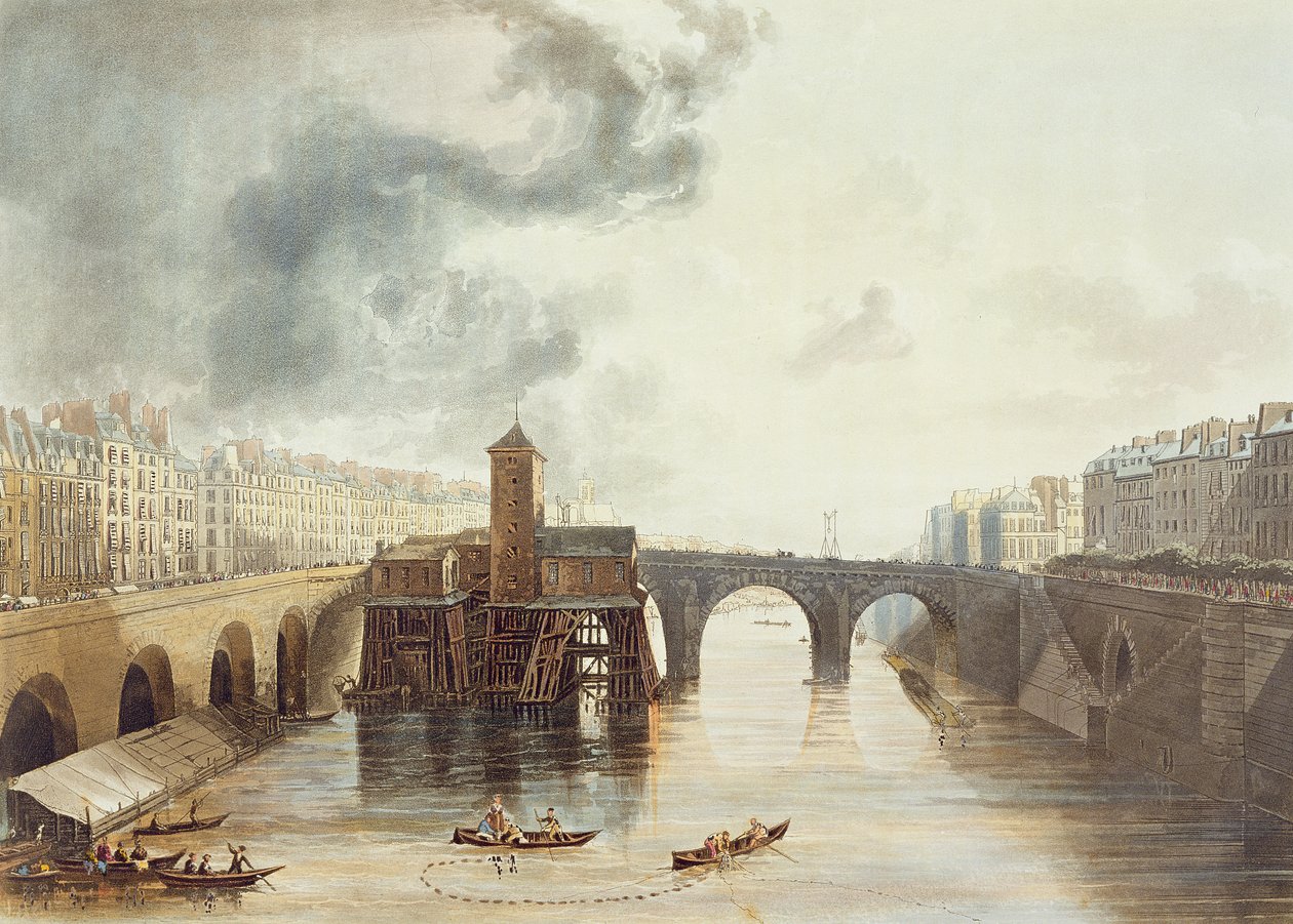 Pont Notre Dame, z „Widoków na Sekwanę”, ryt. Thomas Sutherland (ur. 1785) wydany przez R. Ackermanna (1764-1834) 1821 autorstwa John Gendall