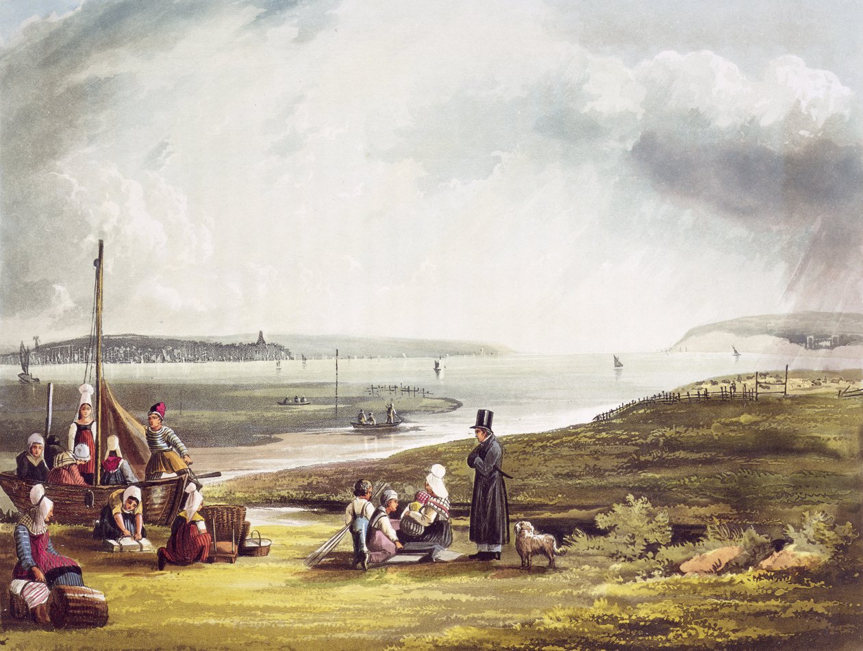 Quillebeuf, z „Widoków na Sekwanę”, rycina Thomas Sutherland (ur. 1785) wydana przez R. Ackermanna (1764-1834) 1821 autorstwa John Gendall