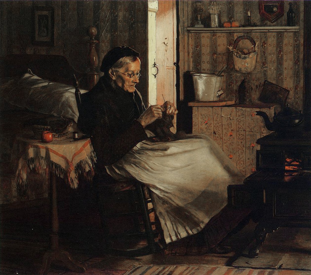 Stara kobieta robi na drutach, ok. 1893 r. autorstwa John George Brown