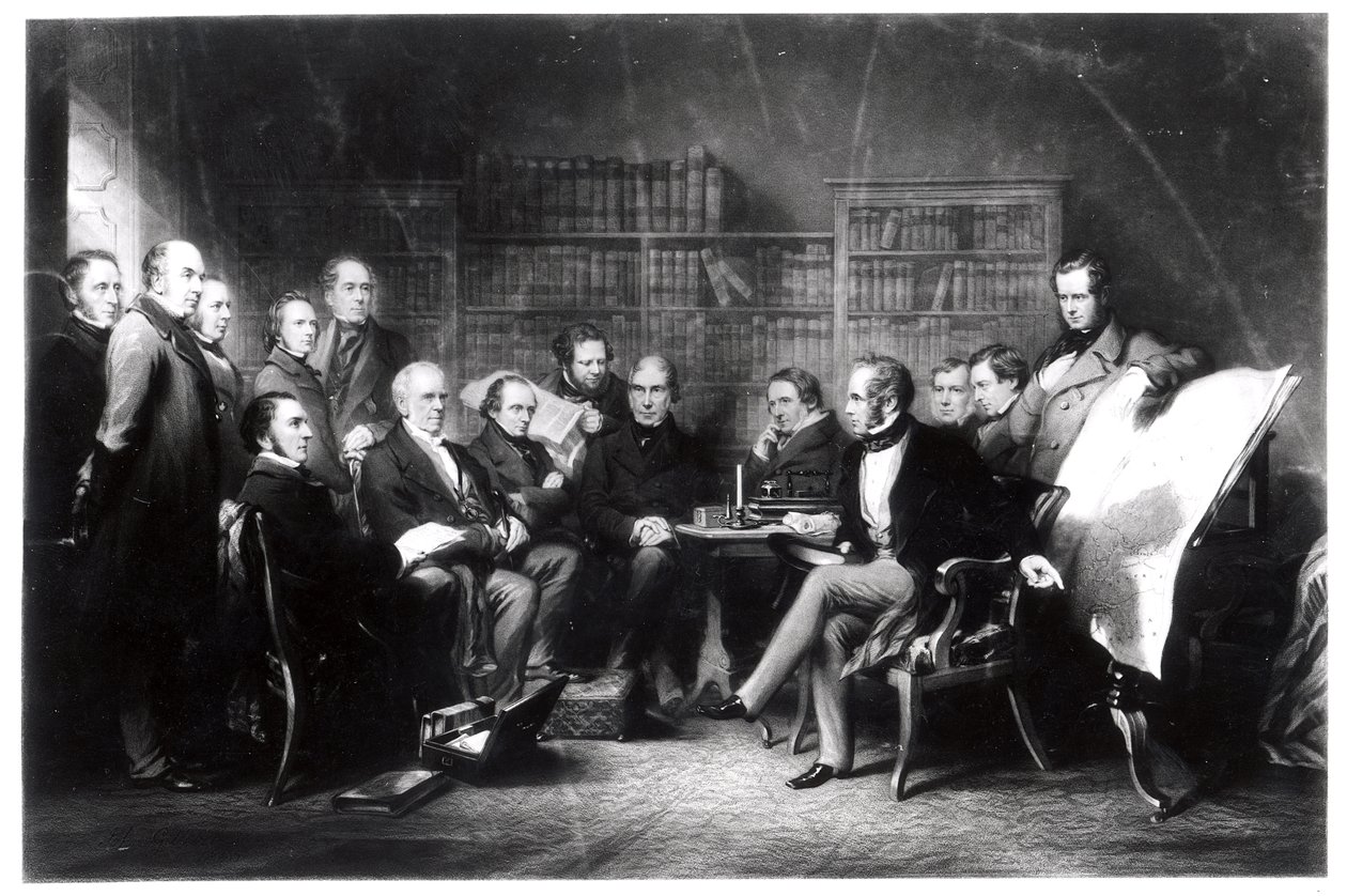 Gabinet Aberdeen decydujący o wyprawie na Krym, sztychowany przez Williama Walkera, 1857 autorstwa John Gilbert