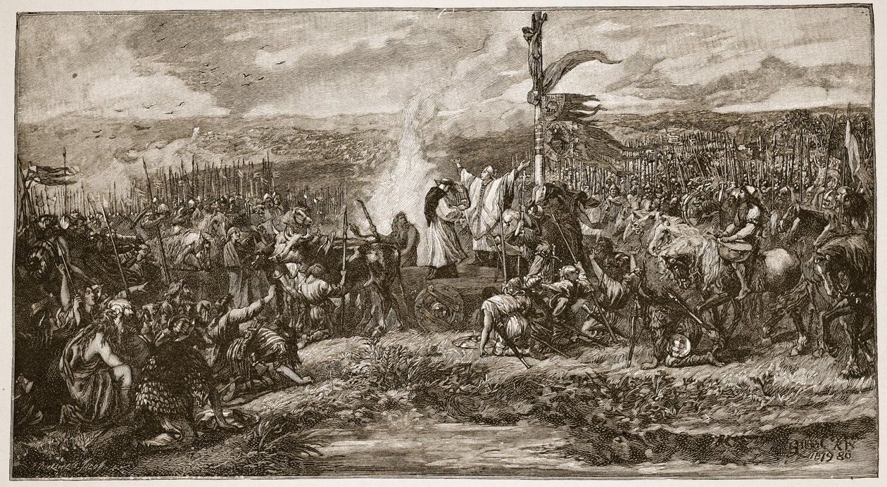 Bitwa o standard, ilustracja z „Kościoła anglikańskiego: historia dla ludu” autorstwa H.D.M. Spence-Jones, wyd. ok. 1910 (zdjęcie w sepii) autorstwa John Gilbert