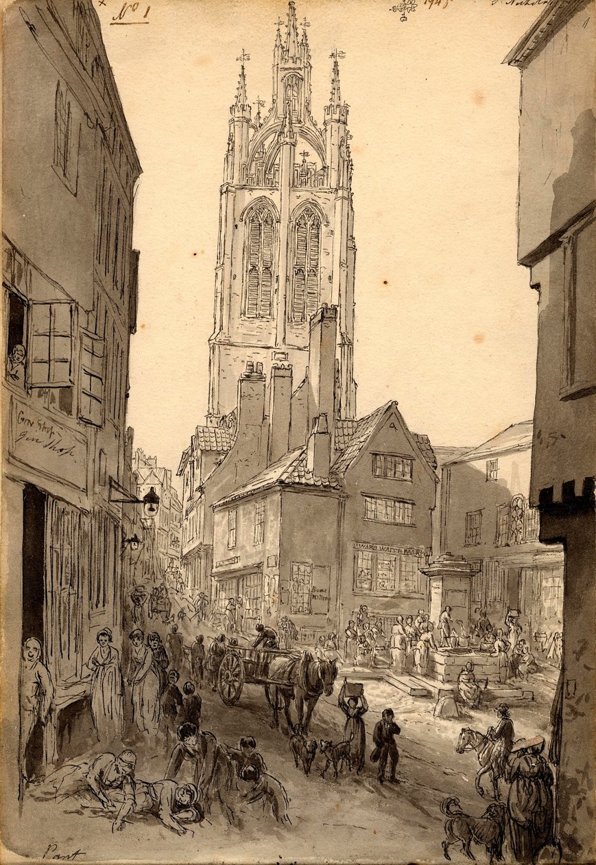 Old Gin Shop koło katedry św. Mikołaja (tusz (czarny) i ołówek na papierze) autorstwa John Glover