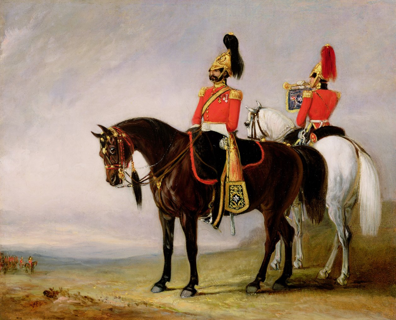 Pułkownik James Charles Chatterton (1792-1874), 4. Królewski Irlandzki Gwardia Dragonów, na swoim ładowniku w towarzystwie jego Trębacza, ok. 1849 autorstwa John E. Ferneley