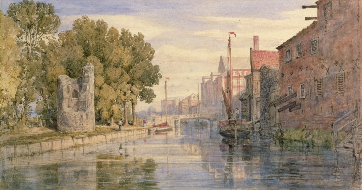 Rzeka w Carrow z Diabelską Wieżą, 1874 autorstwa John Joseph Cotman