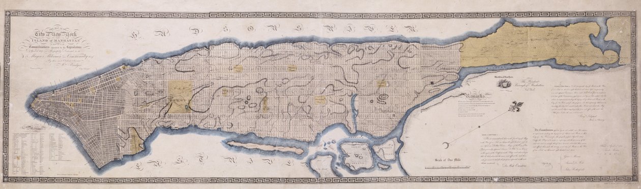 Plan komisarza, mapa miasta Nowego Jorku, przez komisarzy mianowanych aktem ustawodawczym z dnia 3 kwietnia 1807 r., Wyryty przez P. Mavericka, 1811 (litografia, tusz, rozmycie koloru). autorstwa John Jr. Randel