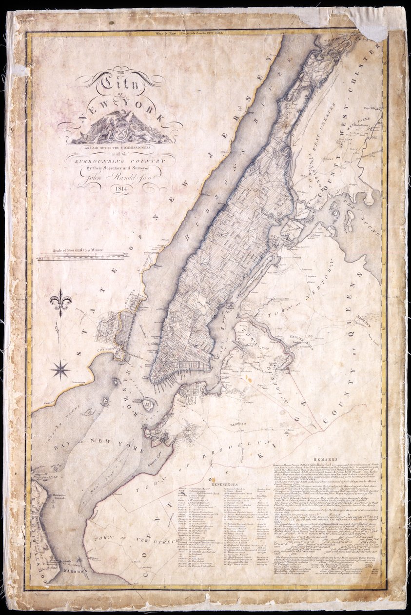 Miasto Nowy Jork, określone przez komisarzy z okolicznym krajem, przez ich sekretarza i geodetę Johna Randela, Jr., 1814, 1814 (Pióro i atrament, akwarela na papierze). autorstwa John Jr. Randel