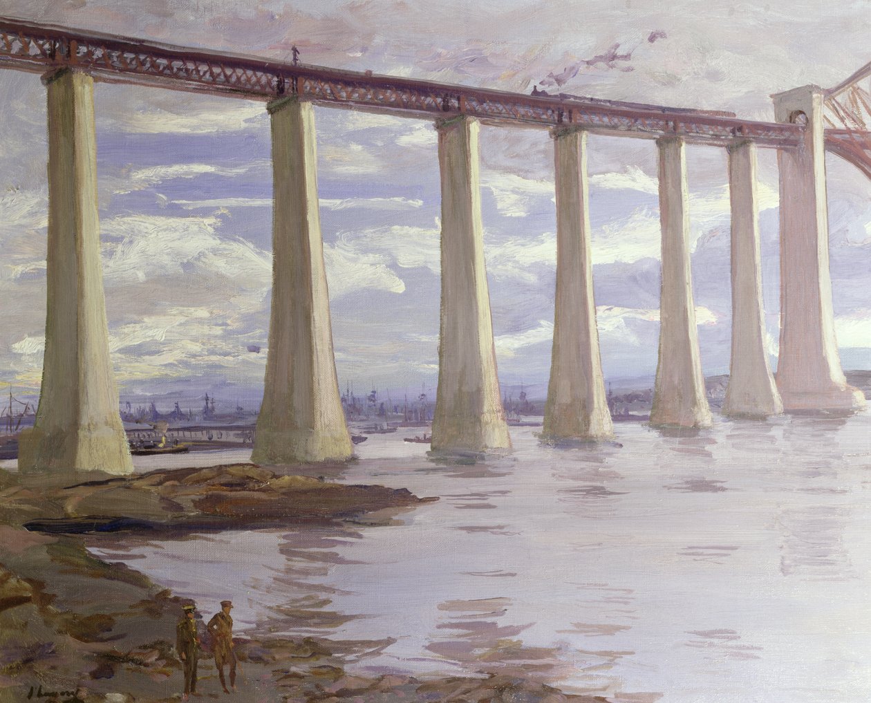 The Piers, Forth Bridge z Wielką Flotą w oddali, 1917 autorstwa John Lavery