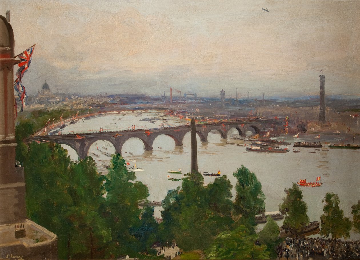 The River Pageant, widziany z domu Sir Jamesa Barriesa, Adelphi Terrace, Londyn, 4 sierpnia 1919, 1919 autorstwa John Lavery