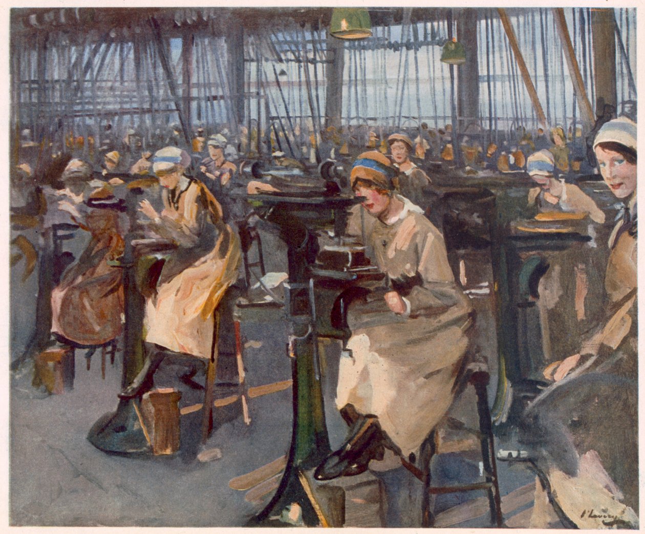 Kobiety pracujące w fabryce, Newcastle, z brytyjskich artystów na froncie, kontynuacja frontu zachodniego, 1918 autorstwa John Lavery