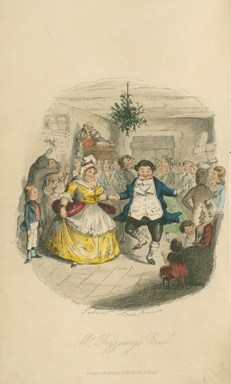 Bal Fezziwiga - Opowieść wigilijna, 1843 (kolorowa akwaforta) autorstwa John Leech