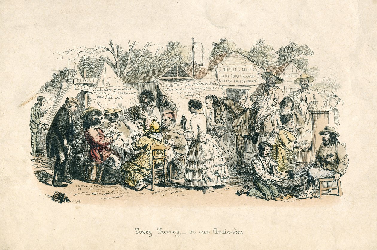 Topsy turvey - czyli nasze Antypody, 1864 (akwaforta ręcznie kolorowana) autorstwa John Leech