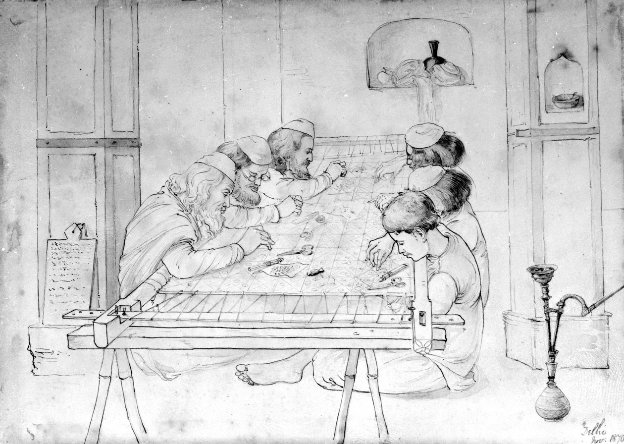 Mężczyźni pracujący przy hafciarce, 1870 (ołówek, długopis i pranie na papierze) autorstwa John Lockwood Kipling
