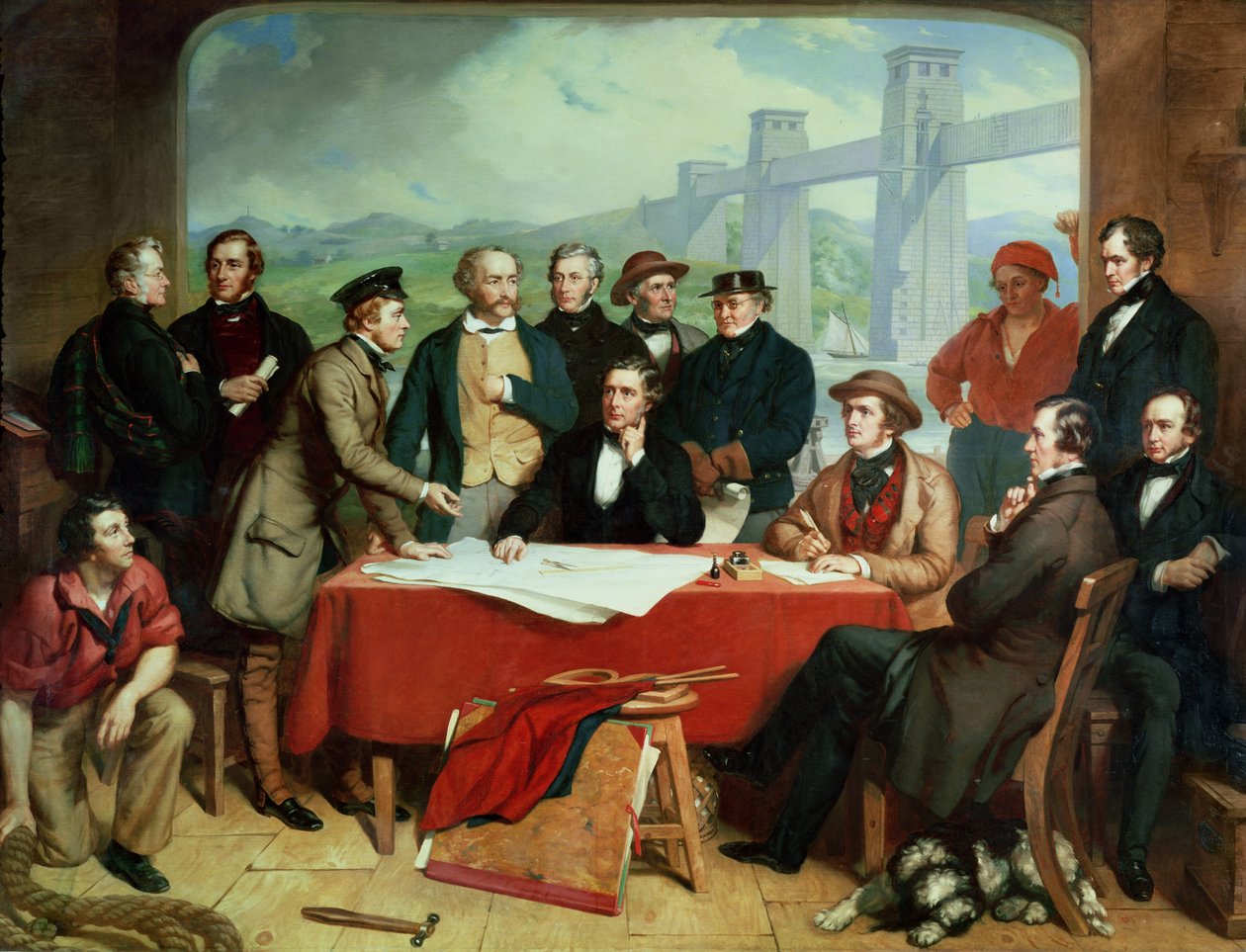Konferencja inżynierów na moście Britannia, ok. 1850 r. autorstwa John Lucas