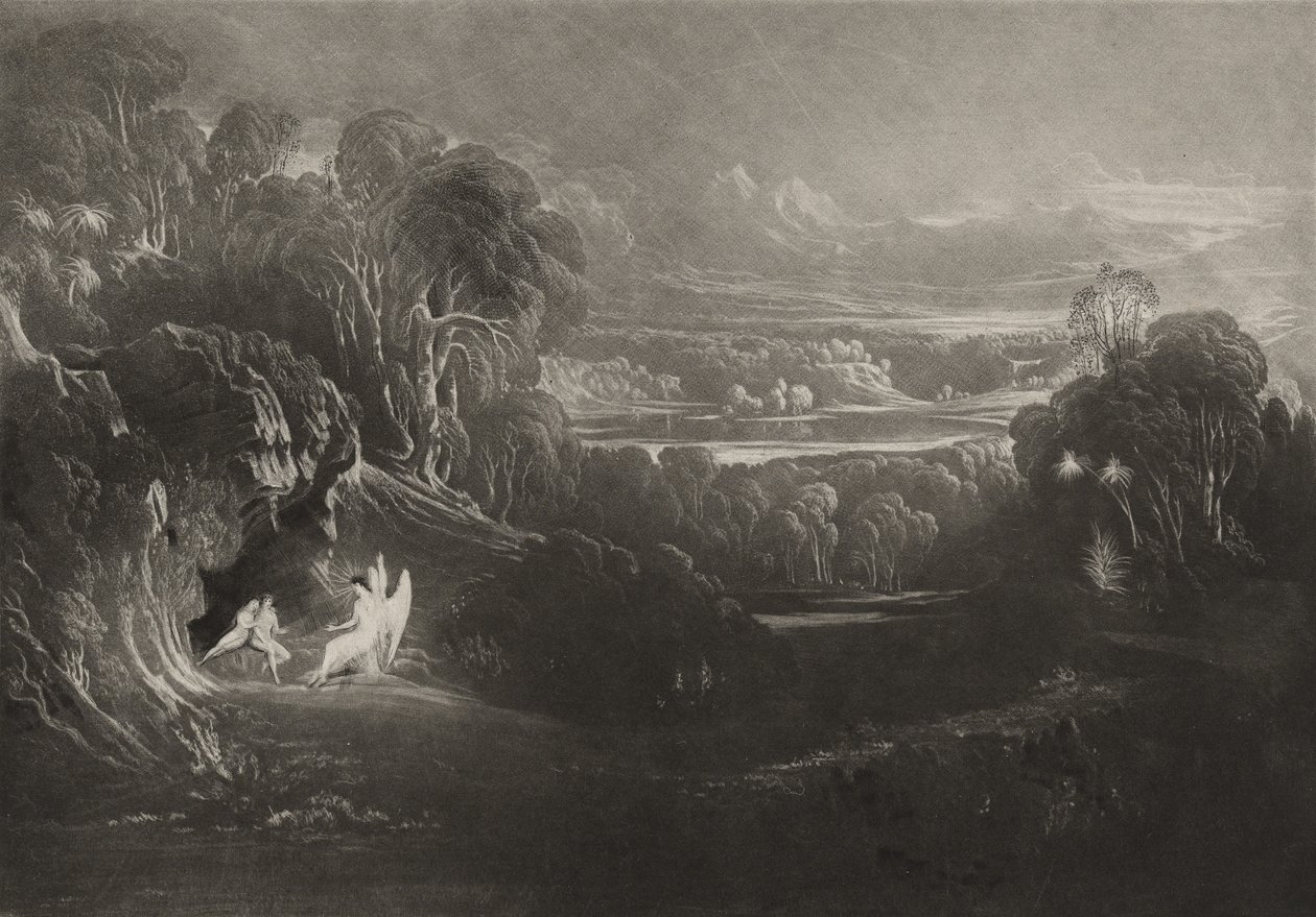 Rafael rozmawia z Adamem i Ewą, c.1827 (mezzotinta) autorstwa John Martin