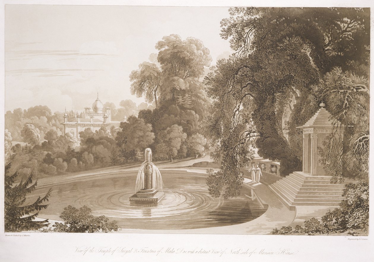 Widok na Świątynię Suryah i Fontannę Mahah Doo z dalekim widokiem na północną stronę Mansion House, Sezincote, wyryty przez Fredericka Christiana Lewisa seniora. (1779-1856), ok. 1817-18 (wrzesień autorstwa John Martin